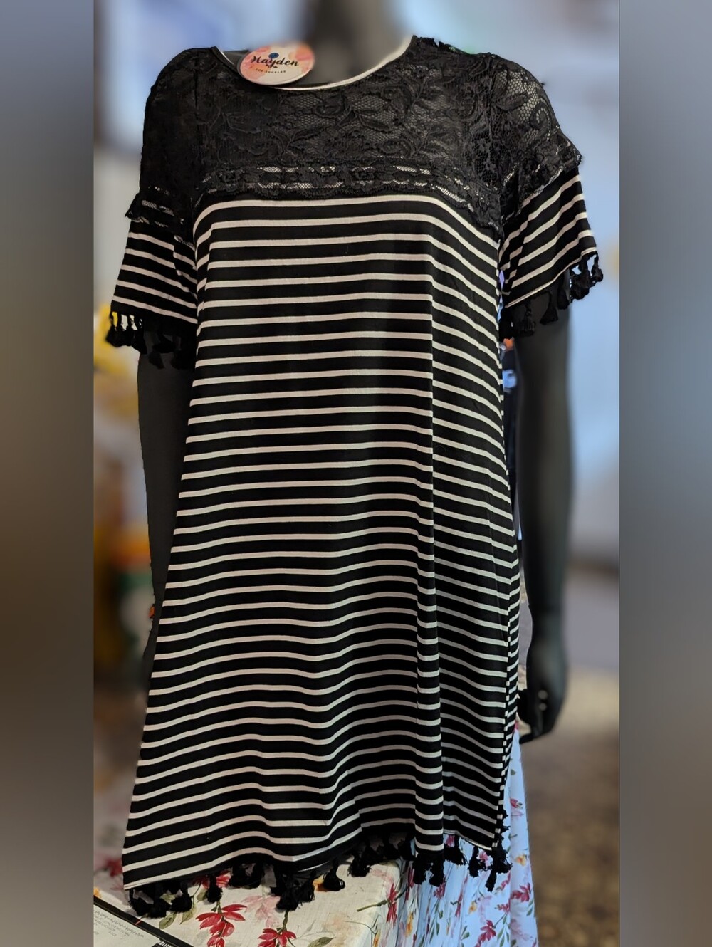 Hayden Black & White Striped Lace Yoke Short Sleeve Tunic